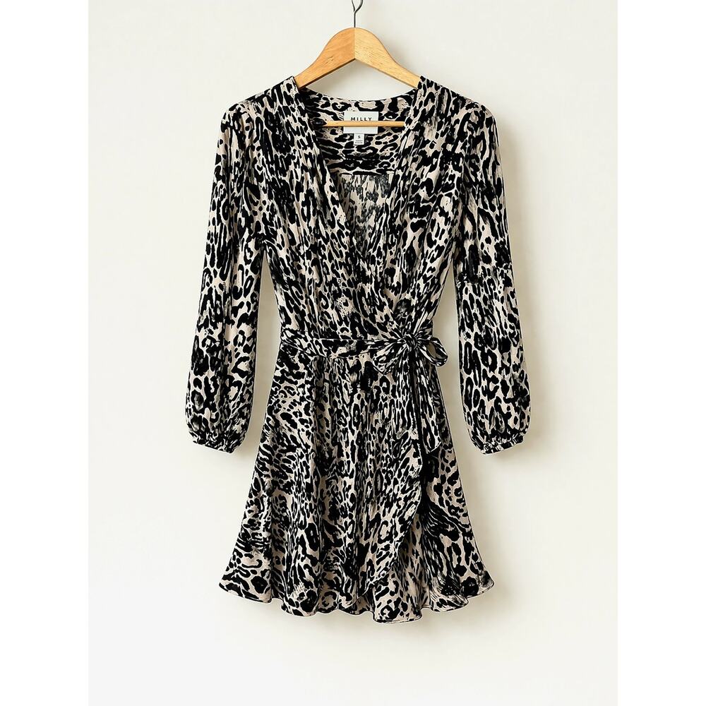 Milly Wrap Dress Beige Black Animal Print Long Sleeve Mini Flowy Tie Waist Small